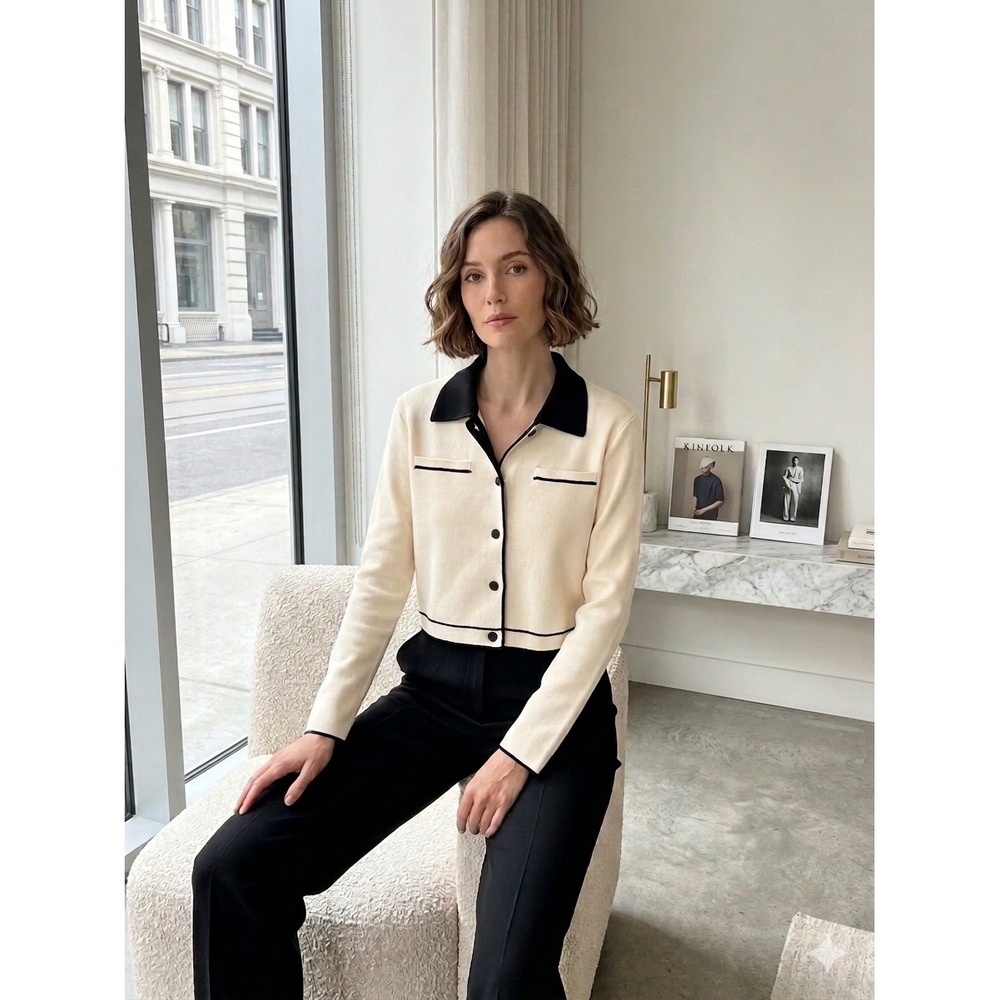 Oak + Fort Chic Contrast Button Up Cardigan Cream Black